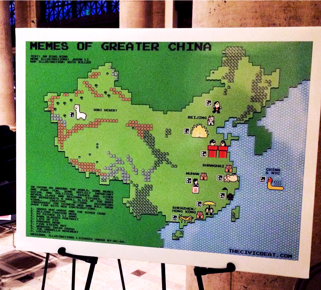 A map illustration titled Memes of Greater China with various pixel art characters and creatures printed and placed on an easel in front of a stone building background