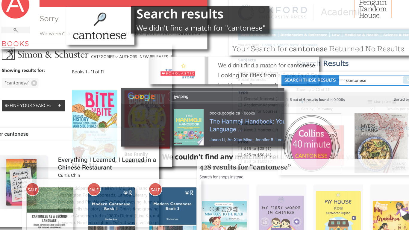 A collage of screenshots from various publisher and bookstore websites showing the search results for Cantonese (many of whom returned no results) and Jyutping. Also in shown the middle is a screenshot of The Hanmoji Handbook appearing in the Google Books search results for Jyutping.