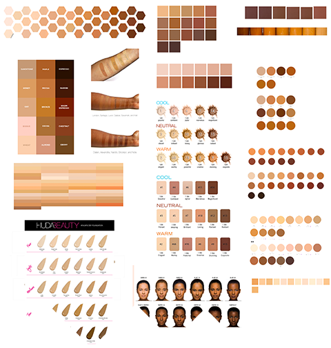 Screenshot of skin tone palettes copied and pasted from cosmetic company websites