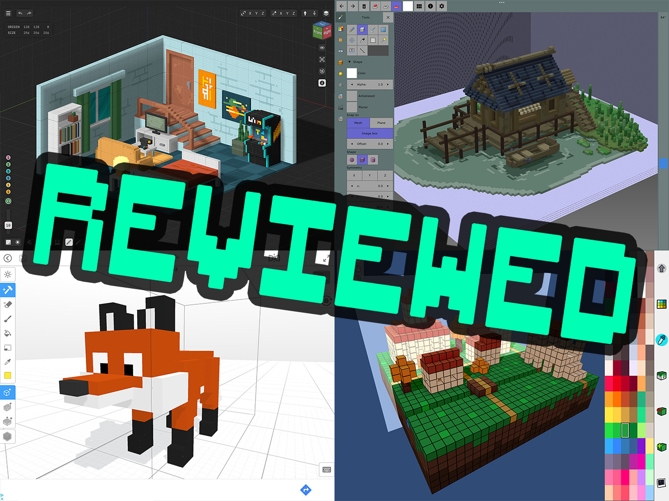 A grid of four screenshots of voxel drawing apps on an iPad, with the word REVIEWED written in big in the middle